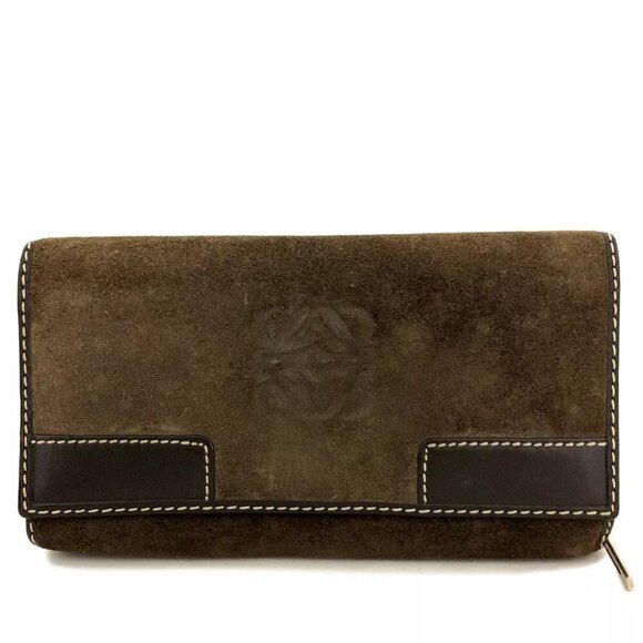 LOEWE Anagram Suede Leather Zip Around Long Trifold Wallet/3Z0332